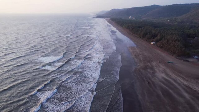 A stunning aerial drone view of Dapoli Beach along the Konkan coastline in Ratnagiri district, Maharashtra, India. 
