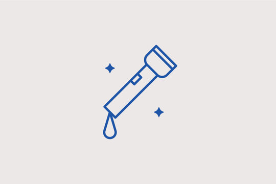 Hand flashlight line icon for camping equipment and night-time navigation. Practical vector illustration for outdoor gear catalogs and emergency preparedness guides.