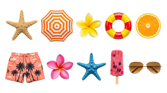 Summer vacation icons collection, tropical beach holiday elements set, colorful seasonal travel objects, 10 realistic summer items for tourism design isolated on Transparent Background