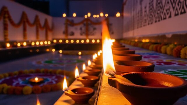 Close up of multiple diyas lit in a row on a decorated wooden platform