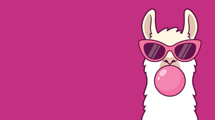 Fototapeta premium Vector illustration of a quirky llama wearing stylish pink sunglasses and blowing a large pink bubblegum bubble, isolated on a clean background, whimsical animal portrait design.