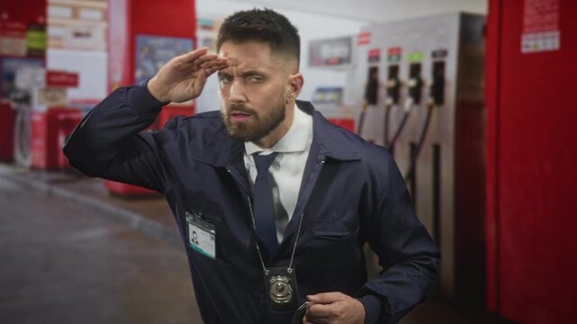 Man detective wearing badge and handcuffs shading eyes with hand to forehead while scanning gas pumps on street; alertness duty.