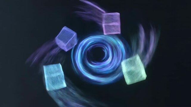 Abstract data orbit quantum swirl glowing vortex neon ring digital tunnel energy spiral futuristic quantum cube network hologram cyber security blockchain motion blur glowing geometry drifting