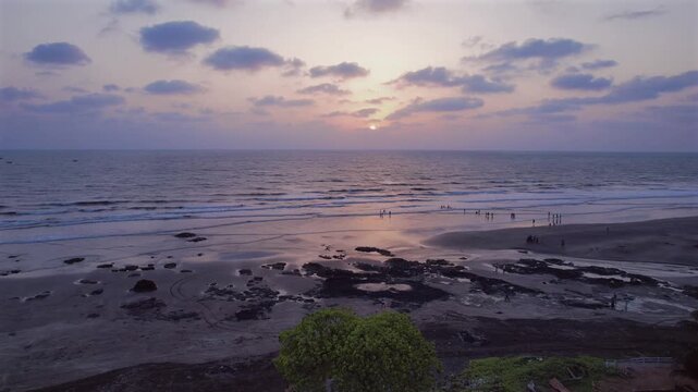 A stunning aerial drone view of Dapoli Beach along the Konkan coastline in Ratnagiri district, Maharashtra, India. 