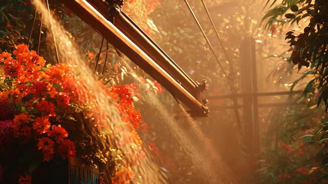 Colorful flowers in a hanging basket thrive under the gentle mist of an irrigation system in warm natural light, creating a serene and growing environment