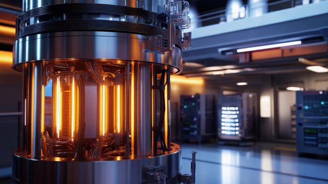 Advanced energy reactor unit running within a modern, high tech industrial research facility, representing innovation in sustainable and powerful energy generation and science
