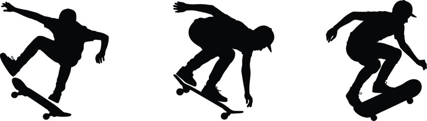 Skateboarder silhouette set performing tricks and jumps isolated on white background for extreme sports and action design © SreePoreshChandra