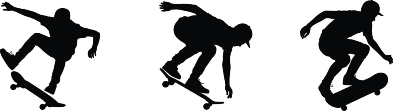 Skateboarder silhouette set performing tricks and jumps isolated on white background for extreme sports and action design