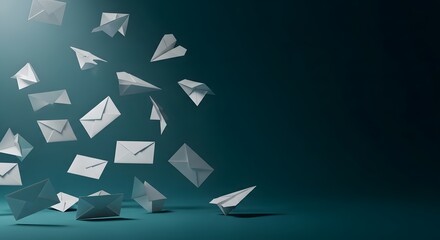 Floating paper email envelopes and airplanes communication and messaging concept