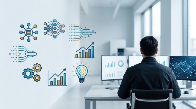 Professional man analyzing big data and artificial intelligence trends on multiple monitors in a modern bright office, surrounded by digital icons representing neural networks,