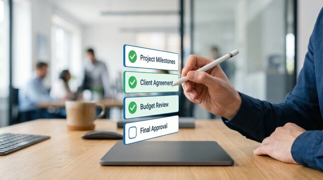 Project management checklist with milestones and approval steps displayed on digital interface being selected by hand with stylus pen