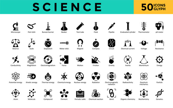 Science icons set with microscope, petri dish, bunsen burner, beaker, test tube, flask, pipette, graduated cylinder, thermometer, magnetism icon. Simple glyph vector 
