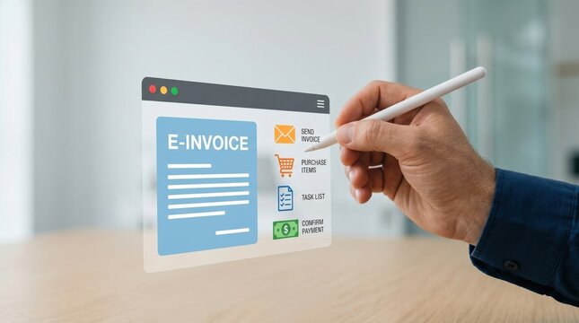 E-invoice payment process on virtual interface, online shopping cart and financial transaction icons, digital billing system concept, hand holding stylus pointing at screen,