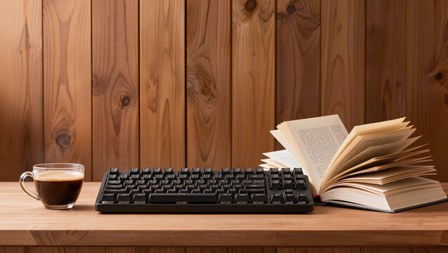 Open Book and Keyboard on Wooden Desk with Coffee