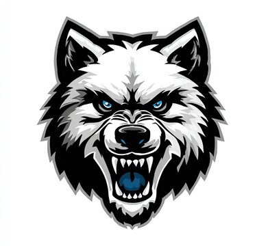 Fierce Angry Wolf Head Illustration with Blue Eyes.