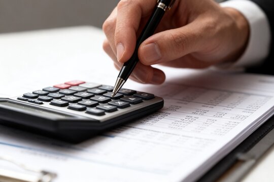 Hand using calculator on financial documents