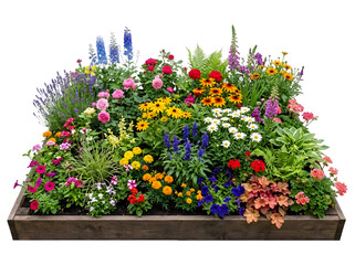 Naklejka premium Diverse Summer Flower Planter with Roses and Delphinium Isolated on Transparent Background