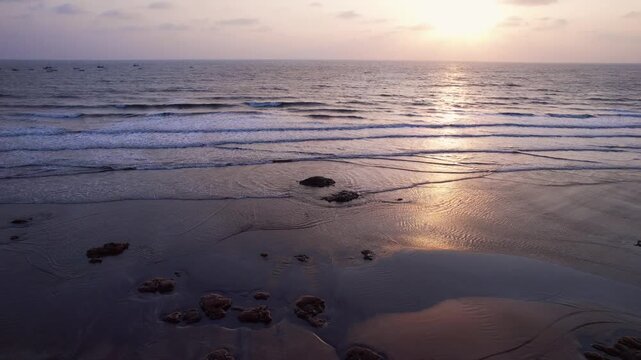 A stunning aerial drone view of Dapoli Beach along the Konkan coastline in Ratnagiri district, Maharashtra, India. 