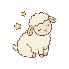 Obraz premium Sleepy standing lamb clip art with closed eyes, small yellow stars, soft cream fleece, thick brown outline, calm bedtime nursery animal illustration on clean white background for decor print