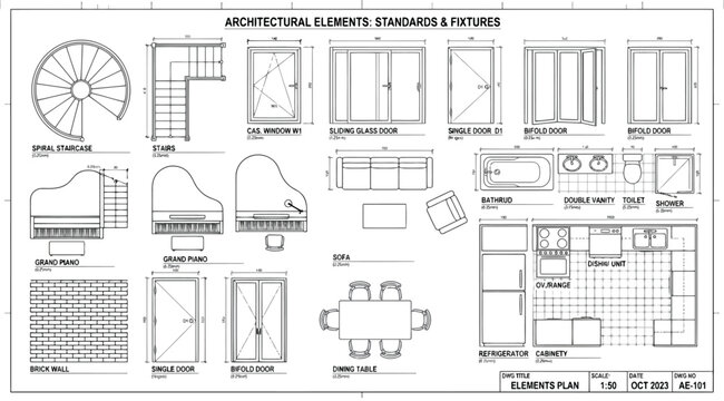 Architectural elements standards and fixtures reference sheet