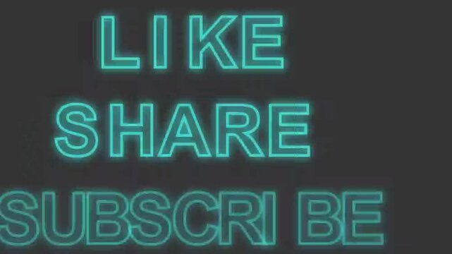 Neon cyan like share subscribe text animation, glowing social media call to action overlay, retro futuristic electric blue typography for video creators