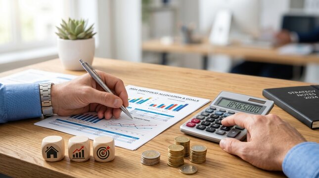 Financial planning and budget calculation with calculator and coins, investment portfolio allocation strategy, savings growth chart analysis, economic wealth management and