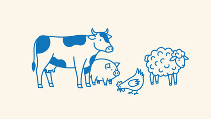 Farm animals vector illustration blue on a light background, collection of livestock. © TREND AND VECTORS