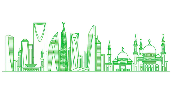 Riyadh Skyline: Modern Architecture and Islamic Heritage in Green Outline