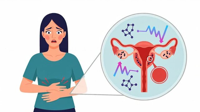 Woman with Stomach Pain and Female Reproductive System Diagram