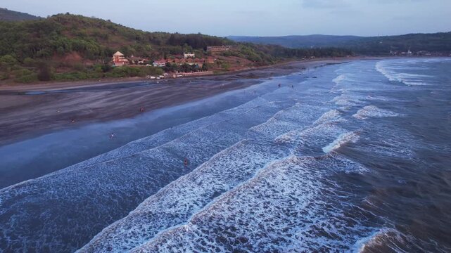 A stunning aerial drone view of Dapoli Beach along the Konkan coastline in Ratnagiri district, Maharashtra, India. 
