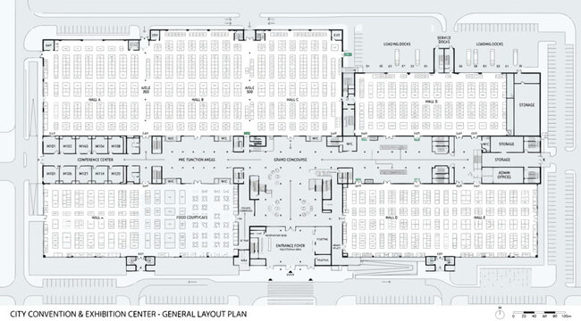 General layout plan of a city convention and exhibition center detailed architectural floor plan showing halls, conference center, food court, and administrative offices