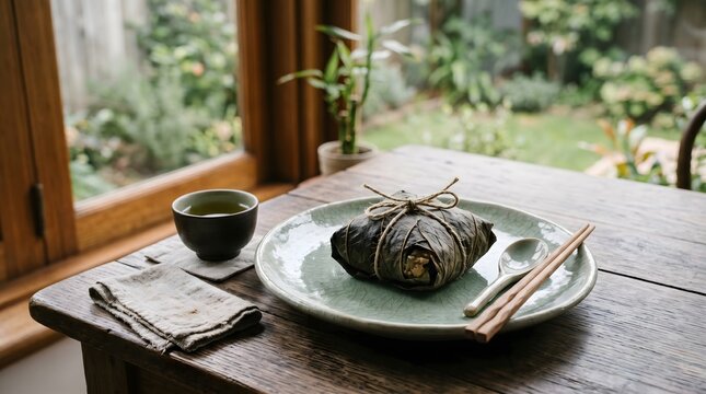 Korean Lotus Leaf Rice Wrapped on Celadon Plate Garden Window with Tea