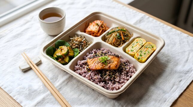 Healthy Korean Bento Dosirak Lunch Box with Purple Rice Salmon Kimchi and Assorted Banchan