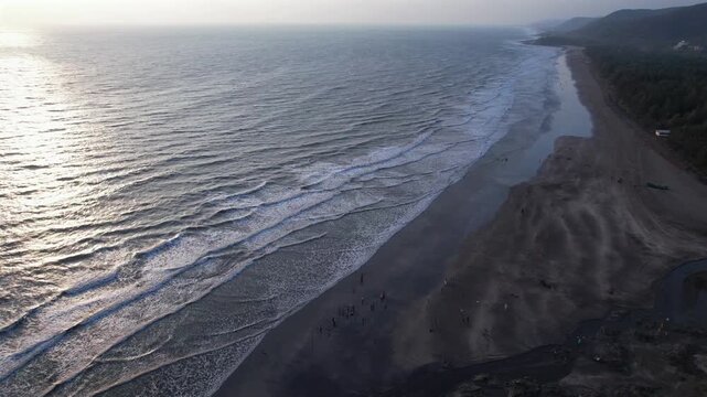 A stunning aerial drone view of Dapoli Beach along the Konkan coastline in Ratnagiri district, Maharashtra, India. 