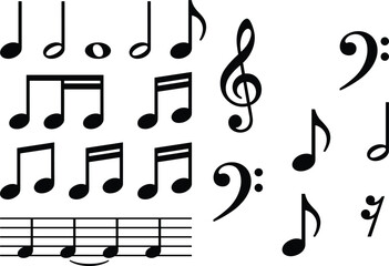 Fototapeta premium Musical notes and symbols icons set with treble clef, bass clef, staff notation, and melody elements