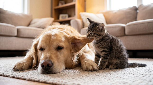 Kitten biting a bored dog's ear, funny pets closeup