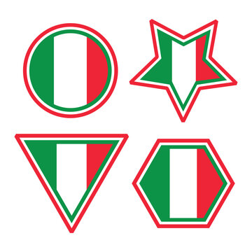 Italian flag icons set featured in geometric shapes including a circle, star, triangle and hexagon. A collection of Italy flag vector illustration. Perfect for Football fans badge, sticker, label, tag