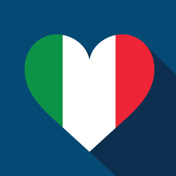 Heart shaped Italian flag icon with a long shadow effect on a blue background. Symbolizing love for Italy, national pride, European heritage and Football fan badge, sticker, label, tag.