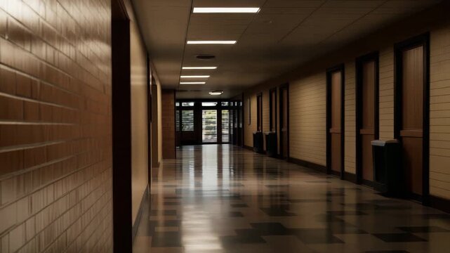 Empty school hallway extending into the distance, featuring a textured brick wall on the left, fluorescent lights illuminating the ceiling, and closed doors along the corridor