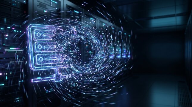 Digital Server Rack Icon Dissolving in Data Center
