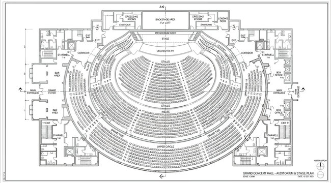 Grand concert hall auditorium and stage architectural floor plan