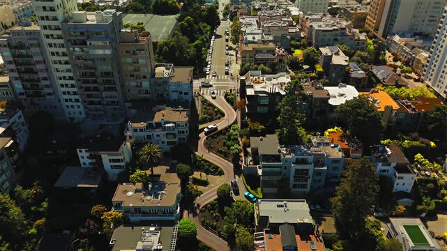 Close aerial drone view of famous curved Lombard Street in San Francisco