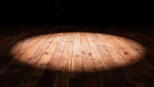Spotlight Beam on Rustic Wooden Stage Floor