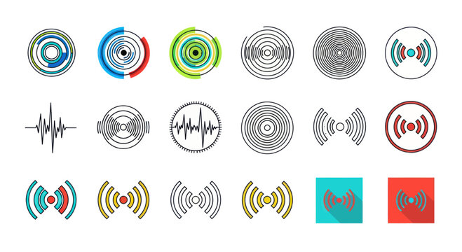 Abstract Sound Waves, Radio Signals, and Circular Patterns Icons Set