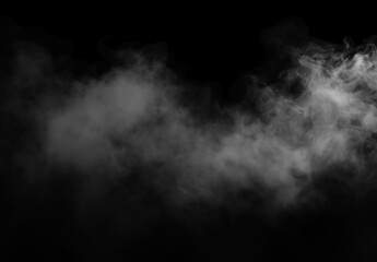 Fototapeta premium White fog or smoke overlay effect drifting across the lower part of a black background, creating an atmospheric mist with soft texture, dramatic contrast, and ample copy space.