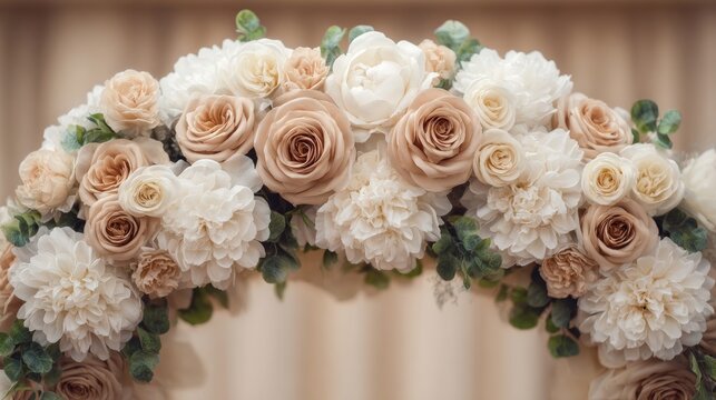 Elegant floral arch adorned with creamy roses, soft peonies, and delicate dahlias against a neutral backdrop for weddings