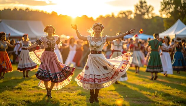 Women dancing in traditional folk costumes.