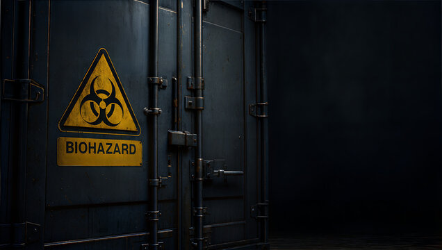 Cinematic dark heavy steel storage container with biohazard warning sign creating an ominous and terrifying feeling of hidden danger
