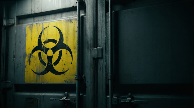 Cinematic close shot of heavy steel storage container featuring an ominous yellow biohazard symbol warning of dangerous toxic waste