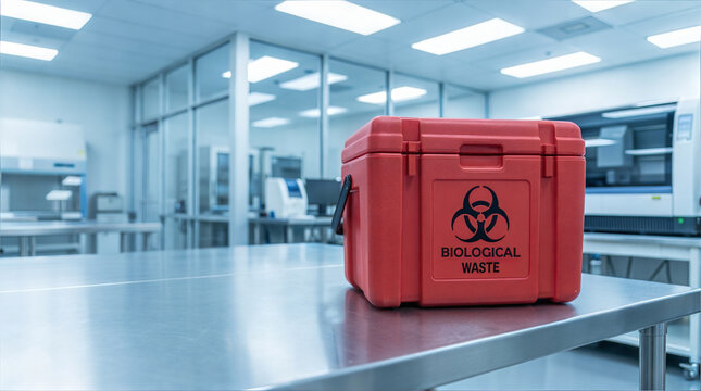 Secure red medical transport cooler for biohazard waste rests on stainless laboratory table highlighting serious cautious safety